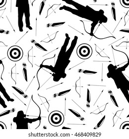 Seamless pattern with archers, bow, arrows, target, quiver of arrows. Sports archery set. Vector illustration, on a white background