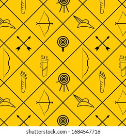 seamless pattern of archery equipment like bow and arrow, arrow, bow, quiver, cap and targets. beautiful designs. yellow background.
