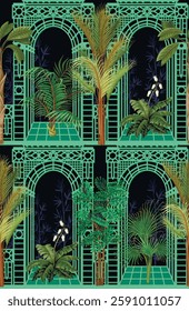 Seamless pattern with architectural arch, portal and tropic trees. Vector