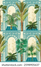 Seamless pattern with architectural arch, portal and tropic trees. Vector