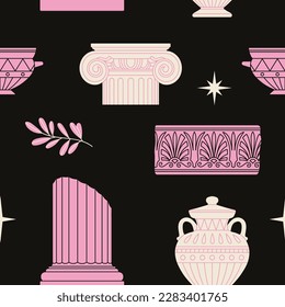 Seamless pattern with architectural details made of marble, gypsum. Ancient Greek and Roman art. Sculpture, ornament, architecture. For print, textile, wallpaper design. Hand drawn vector illustration