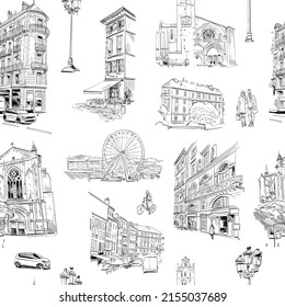 Seamless pattern architectural facade elements ,France. Hand drawn sketch vector illustration. 