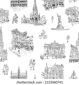 Seamless pattern architectural facade elements ,Brussels. Hand drawn sketch vector illustration. 