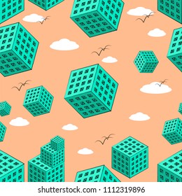 Seamless pattern with architectural forms, chaotically located against the background of the sky, clouds and flying birds. Vector illustration