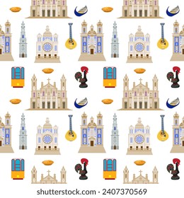 Seamless pattern with architectural landmarks and food of Portugal, the illustration is made in a flat style for wallpaper background, gift packaging, souvenir product design, postcards 