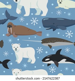 Seamless pattern with arctic animals. Vector cartoon illustration of polar bear, seal and whale. Nursery and baby decor adorable print.