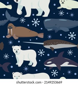 Seamless pattern with arctic animals. Vector cartoon illustration of polar bear, seal and whale. Nursery and baby decor adorable print.