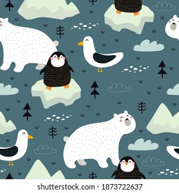 Seamless pattern with Arctic and Antarctic animals, decor elements. Colorful vector flat for kids. hand drawing. baby design for fabric, print, wrapper, textile