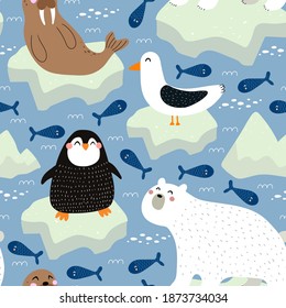 Seamless pattern with Arctic and Antarctic animals, decor elements. Colorful vector flat for kids. hand drawing. baby design for fabric, print, wrapper, textile