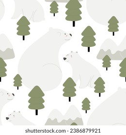 Seamless pattern with Arctic and Antarctic animals, decor elements. Cartoon Character - polar bear. Colorful vector flat for kids. hand drawing. baby design for fabric, print, wrapper, textile