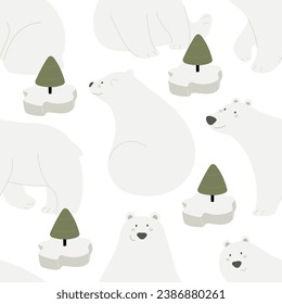 Seamless pattern with Arctic and Antarctic animals, decor elements. Cartoon Character - polar bear. Colorful vector flat for kids. hand drawing. baby design for fabric, print, wrapper, textile
