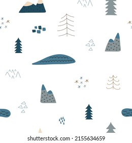 Seamless pattern with arctic landscape. Icebergs, glacier with blue clear water and ice rocks, snowy mountains.