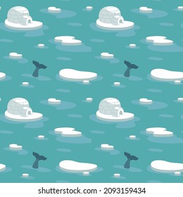 Seamless pattern, arctic ocean, snow house and ice floes. The killer whale's tail peeks out of the water. Cheerful children's print for textiles, postcards, clothes. Vector color illustration