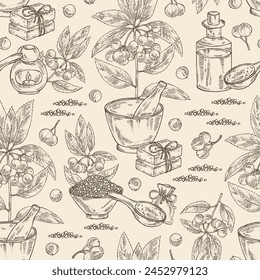 Seamless pattern with ardisia japonica: leaves, ardisia japonicaberries and ardisia plant.  Oil, soap and bath salt . Cosmetics and medical plant. Vector hand drawn illustration