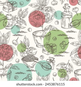 Seamless pattern with ardisia japonica: leaves, ardisia japonicaberries and ardisia plant.  Oil, soap and bath salt . Cosmetics and medical plant. Vector hand drawn illustration