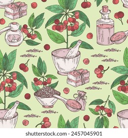 Seamless pattern with ardisia japonica: leaves, ardisia japonicaberries and ardisia plant.  Oil, soap and bath salt . Cosmetics and medical plant. Vector hand drawn illustration