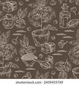 Seamless pattern with ardisia japonica: leaves, ardisia japonicaberries and ardisia plant.  Oil, soap and bath salt . Cosmetics and medical plant. Vector hand drawn illustration