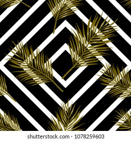 Seamless pattern areca plam leaf tropical leaves on black and white geometric background.printing wallpaper.vector illustration