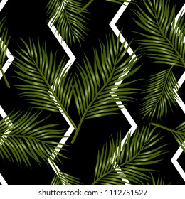 Seamless pattern areca plam leaf tropical leaves on black and white zig zag background.printing wallpaper.vector illustration