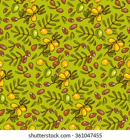 Seamless pattern argan  branches, leaves, nuts, fruits, argan tree (ironwood). Suitable for packing Argan oil creams. Vector illustration of a hand drawn.Texture for scrapbooking, wrapping, textiles.