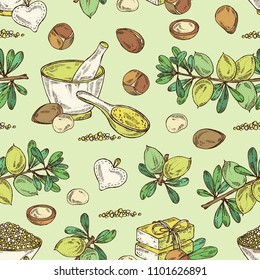 Seamless pattern with argan: leaves and argan nuts.. Oil, soap and bath salt . Cosmetics and medical plant. Vector hand drawn illustration