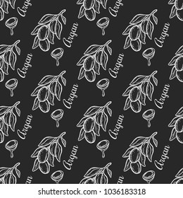 Seamless pattern of argan vector drawing nut oil, fruit, berry, plant. Hand drawn engraved vector sketch etch illustration. Ingredient for hair and body care butter, beauty and spa lotion.