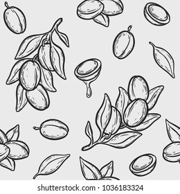 Seamless pattern of argan vector drawing nut oil, fruit, berry, plant. Hand drawn engraved vector sketch etch illustration. Ingredient for hair and body care butter, beauty and spa lotion.