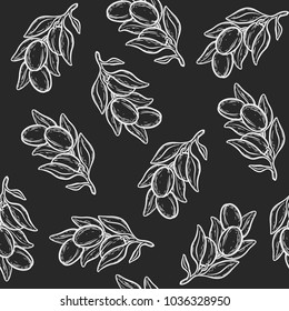 Seamless pattern of argan vector drawing nut oil, fruit, berry, plant. Hand drawn engraved vector sketch etch illustration. Ingredient for hair and body care butter, beauty and spa lotion.
