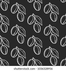Seamless pattern of argan vector drawing nut oil, fruit, berry, plant. Hand drawn engraved vector sketch etch illustration. Ingredient for hair and body care butter, beauty and spa lotion.