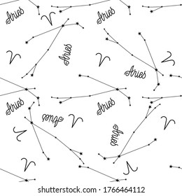 Seamless pattern with Aries constellation, handwritten lettering and zodiac sign. For your packaging, fabric and product decoration.