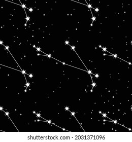 patrón impecable con constelación de Aries, letras manuscritas y signos de zodiaco. Para su embalaje, tela y decoración de productos.