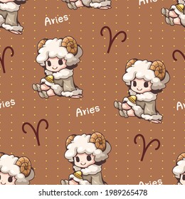 Seamless Pattern aries zodiac cartoon. Cute character cartoon. Can be arranged in a row, left-right, top-bottom, seamlessly.