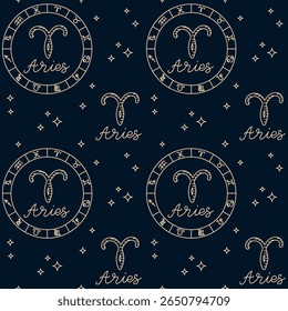 Seamless pattern with Aries zodiac sign, astrology symbols and star elements on dark background. Concept of horoscope, cosmic energy, and mystic celestial design.