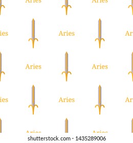 Seamless pattern with Aries zodiac sword sign. Cartoon zodiacal weapon. Astrological, horoscope sign. Vector illustration for design, web, wrapping paper, fabric, wallpaper.