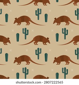 seamless pattern armadillo animal desert cactus south america on brown background vector wallpaper textile giftwrap fabric