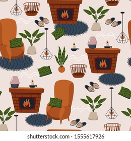 seamless pattern with armchair and fireplace - vector illustration, eps