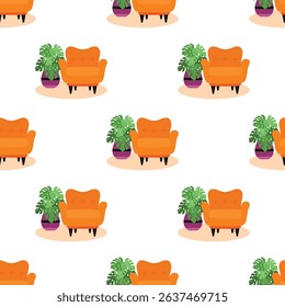 seamless pattern with armchair and plant in pot, interior vector illustration in flat style
