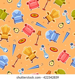 Seamless pattern with armchairs, clocks, lamps, rugs, umbrellas and 
flowers. Interior furniture vector background
