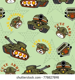 seamless pattern of armored vehicles cartoon with funny soldiers