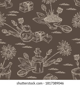 Seamless pattern with arnica montana, arnica flower and leaves, soap and bath salt . Cosmetic and medical plant. Vector hand drawn illustration. 