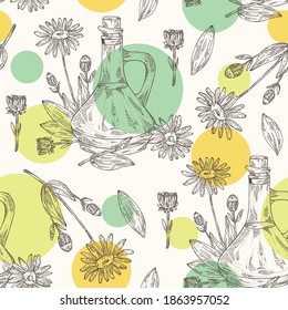 Seamless Pattern With Arnica Montana Flower And Bottle Of Arnica Oil. Vector Hand Drawn Illustration