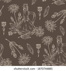 Seamless Pattern With Arnica Montana Flower And Bottle Of Arnica Oil. Vector Hand Drawn Illustration