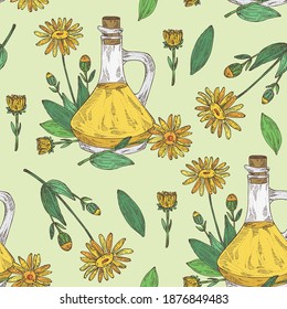 Seamless Pattern With Arnica Montana Flower And Bottle Of Arnica Oil. Vector Hand Drawn Illustration