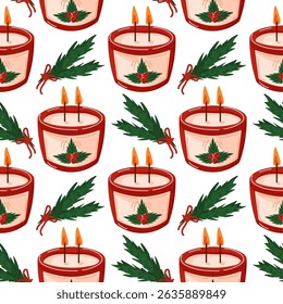 Seamless pattern with Aroma candle, red Christmas berries, evergreen branch in a candlestick cartoon style. Scented candle in jar. Design for gift package, banner, postcard, wallpaper.