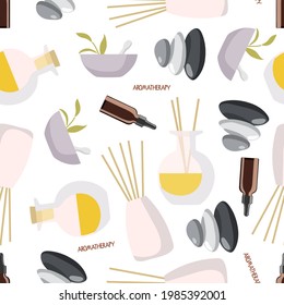 Seamless pattern with Aroma diffusers, essential oil in bottle, herbs in mortar, balance stones for wellness, beauty, spa health Homeopathy or ayurveda therapy. Backdrop for wallpaper, scrapbooking