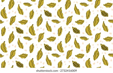 Seamless pattern with aromatic cardamom seeds on a white background, fragrance concept, for packaging and design