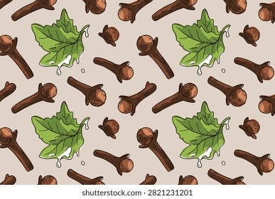 Seamless pattern of aromatic dried cloves and green maple-like leaves with white cream droplets on a light beige background.