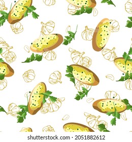 Seamless Pattern with Aromatic Garlic Bread Vector Graphic Illustration can be use for background and apparel design