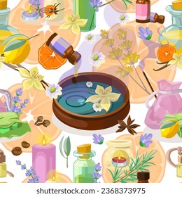 Seamless pattern with aromatic oils, air fresheners, see salts, aroma candles and perfume. Wallpaper for aromatherapy studio and massage salons.