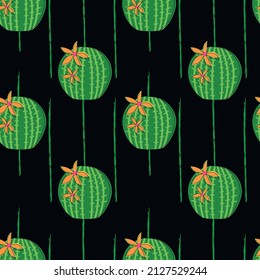 Seamless pattern around a blooming cactus, repeating succulent, flat style, green on a black background